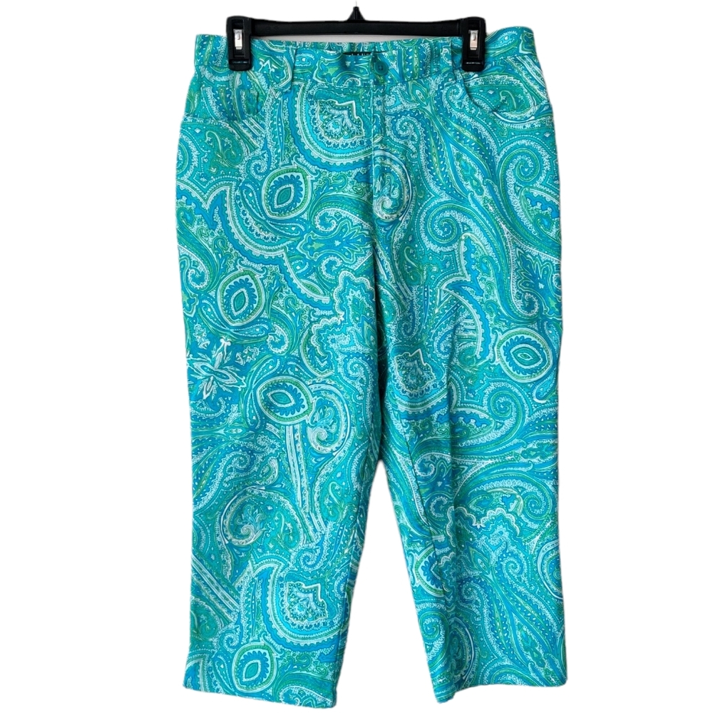 LAUREN RALPH LAUREN Paisley Stretch Blue Green Capri Pants 10